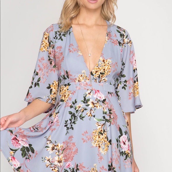 LAST ONE Plunging Floral Print Dress- MISTY BLUE - Picture 4 of 4